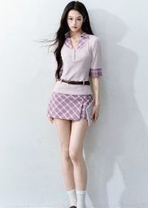 fragileheart set, purple plaid two piece set, korean academy outfit, plaid shirt skirt set, feminine korean fashion, campus style set, slim shirt top, plaid mini skirt set, soft girl outfit, korean preppy set, lavender plaid set, romantic collegiate outfit