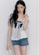 fragileheart top, korean summer top, color block top, layered summer top, strapless inner top, feminine korean fashion, preppy fitted top, contrast layered tee, cute summer top, soft girl korean outfit, ribbon detail top, stylish casual top