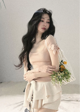 aomalm top, off shoulder knit top, square neck summer top, ribbon sleeve top, feminine korean top, waist cinching top, lyocell slim top, blush pink summer top, spicy girl top, elegant fitted t shirt