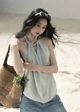 aomalm top, halter top women, draped halter blouse, backless summer top, french style halter top, feminine korean top, silk feel sleeveless top, elegant summer blouse, cowl halter top, light sage top