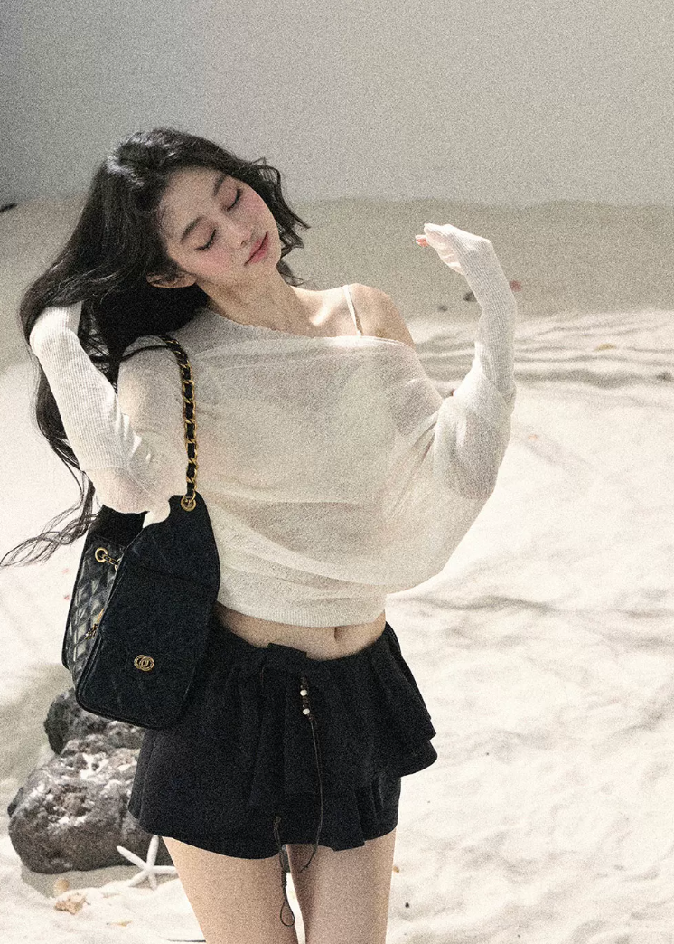 aomalm top, sheer off shoulder top, sunscreen cover up top, korean feminine top, loose summer top, translucent cover up, hazy fog top, pure desire top, asymmetric sleeve top, summer layering top, feminine korean fashion, resort cover up blouse
