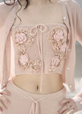 aomalm set, three piece summer set, floral bandeau top, korean feminine set, cardigan shorts set, 3d floral top, french summer outfit, pink knit set, resort three piece set, feminine korean fashion, summer shorts outfit, romantic floral set