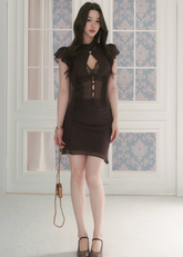 hollow tie neck top, hip wrap skirt set, mermaid skirt set, Korean feminine set, ruffled shirt set, sheer panel two piece set, keyhole top and skirt, romantic skirt set, fitted two piece outfit, date night outfit, elegant Korean fashion, feminine co ord set, caramel brown skirt set, pure desire outfit, summer skirt set