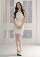 hollow tie neck top, hip wrap skirt set, mermaid skirt set, Korean feminine set, ruffled shirt set, sheer panel two piece set, keyhole top and skirt, romantic skirt set, fitted two piece outfit, date night outfit, elegant Korean fashion, feminine co ord set, caramel brown skirt set, pure desire outfit, summer skirt set