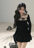 aomalm top, square neck top, lace trim top, black feminine top, long sleeve korean top, waist slimming top, ribbon detail top, romantic korean fashion, fitted summer top, hot girl top, elegant black blouse, lyocell spandex top