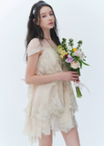 irregular lace dress, lace cake dress, summer lace mini dress, beach holiday dress, Korean feminine dress, French lace dress, resort lace dress, vintage lace dress, layered lace dress, romantic summer dress, lace vacation dress, asymmetric hem dress, feminine Korean fashion, cream lace dress, black lace mini dress