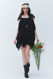 irregular lace dress, lace cake dress, summer lace mini dress, beach holiday dress, Korean feminine dress, French lace dress, resort lace dress, vintage lace dress, layered lace dress, romantic summer dress, lace vacation dress, asymmetric hem dress, feminine Korean fashion, cream lace dress, black lace mini dress