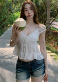 lace v neck top, summer lace top, tie front blouse, Korean feminine top, French sweet top, ruffle hem top, floral sleeve blouse, peplum summer top, romantic white top, vacation summer blouse, first love style top, feminine Korean fashion, lyocell cotton linen top, soft summer blouse, café date outfit