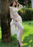 chiffon lace top, puff sleeve blouse, v neck summer top, Korean feminine top, French resort blouse, lace trim top, waist slimming blouse, cropped chiffon top, romantic summer blouse, beach vacation top, sunbathing style top, feminine Korean fashion, lightweight chiffon blouse, resort wear top, summer lace shirt