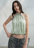 halter tank top, high neck tank top, open back top, sleeveless summer top, Korean feminine top, French minimalist top, mint green tank top, pleated halter top, cotton spandex top, bubble hem top, minimalist summer blouse, feminine Korean fashion, resort tank top, casual elegant top, open back halter top
