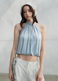 halter tank top, high neck tank top, open back top, sleeveless summer top, Korean feminine top, French minimalist top, mint green tank top, pleated halter top, cotton spandex top, bubble hem top, minimalist summer blouse, feminine Korean fashion, resort tank top, casual elegant top, open back halter top