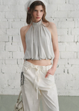 halter tank top, high neck tank top, open back top, sleeveless summer top, Korean feminine top, French minimalist top, mint green tank top, pleated halter top, cotton spandex top, bubble hem top, minimalist summer blouse, feminine Korean fashion, resort tank top, casual elegant top, open back halter top