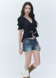 puff sleeve lace top, tie front blouse, French V neck top, Lyocell blouse women, romantic lace trim top, feminine Korean blouse, irregular tie top, soft summer blouse, puff sleeve summer top, elegant casual blouse, cute date outfit top, lightweight feminine blouse, navy lace blouse, French romantic top, dressy casual women top