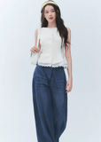 French vintage vest top, lace hem vest top, sleeveless button top, Korean feminine top, cotton linen sleeveless top, waist cinching blouse, romantic summer top, white lace trim top, vintage sleeveless blouse, feminine Korean fashion, button front vest top, cotton blend summer top, elegant casual top, café date outfit, soft vintage top