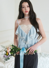 lace satin camisole, lyocell camisole top, blue camisole top, feminine lace cami, Korean style camisole, romantic satin top, lace trim cami, soft blue top, summer camisole women, first love outfit top, satin lace top women, elegant camisole top, lightweight lyocell top, feminine Korean fashion top, date outfit camisole