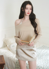 halter cardigan skirt set, three piece skirt set, asymmetrical cardigan set, Korean feminine set, bodycon mini skirt set, beige summer outfit, romantic cardigan set, camisole skirt set, feminine vacation outfit, date night outfit women, soft draped cardigan, elegant Korean fashion, summer matching set, halter camisole set, mini skirt co ord