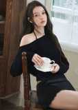 halter cardigan skirt set, three piece skirt set, asymmetrical cardigan set, Korean feminine set, bodycon mini skirt set, beige summer outfit, romantic cardigan set, camisole skirt set, feminine vacation outfit, date night outfit women, soft draped cardigan, elegant Korean fashion, summer matching set, halter camisole set, mini skirt co ord