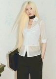 sheer shirt set, camisole shirt set, Korean feminine top, French sheer top, white layered top, striped sheer blouse, two piece summer top, collared sheer shirt, camisole strap top, pure desire top, feminine Korean fashion, lightweight cotton blend top, summer layering blouse, soft white blouse set, vacation outfit top