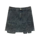 Distressed denim jacket and short skirt