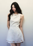 White Linen flower embroidered dress