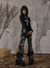 Fake Two-Piece Rivet Washed Jeans Women