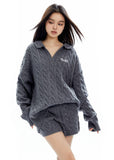 Polo collar loose long-sleeved pullover top casual shorts