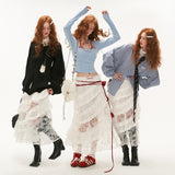 Lace layered gauze midi skirt