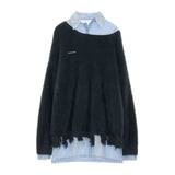 Fake two-piece college style shirt sweater