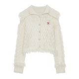 ハイカラーパッチワークウールセーターカーディガン