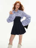 Short lantern sleeve striped shirt top dress female two-piece set
