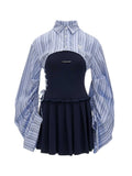 Short lantern sleeve striped shirt top dress female two-piece set