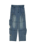Bow retro workwear jeans multi-pocket loose casual straight pants
