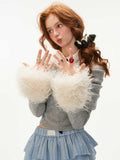 College style fake fur sleeve one-shoulder sweater