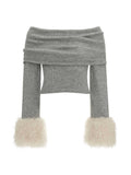 College style fake fur sleeve one-shoulder sweater