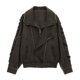 Distressed denim jacket and short skirt