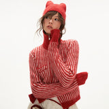 Hoodie fleece striped sweater all-match zipper knitted jacket