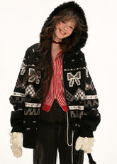 Hoodie bow Fair Isle sweater jacket top