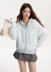 Fresh girl light blue two-color imitation mink knitted hooded cardigan