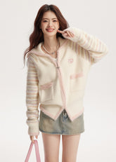 Original Design Milk Yellow Stripe Splice V-shaped Zipper Knitted Cardigan