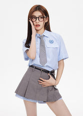 Striped Shirt & Pleated Gray Skirt Set