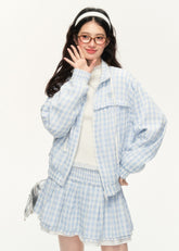 Plaid Embroidered Jacket & Lace Skirt Set