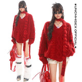 Red Scarf V-Neck Knit Sweater