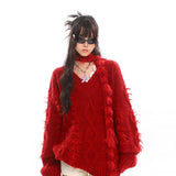 Red Scarf V-Neck Knit Sweater