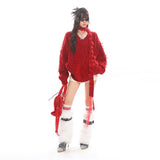 Red Scarf V-Neck Knit Sweater