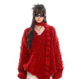 Red Scarf V-Neck Knit Sweater