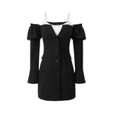 One-Shoulder Striped Layered Suit Dress