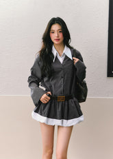 グレーのパッチワークフェイクツーピースドレス