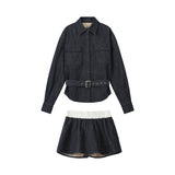 ウエストスリミングデニムスカートセット - フリース裏地