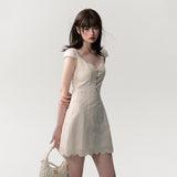 Cream white simple slim lace stitching dress