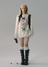 レトロリボン刺繍メッシュスウェットシャツ